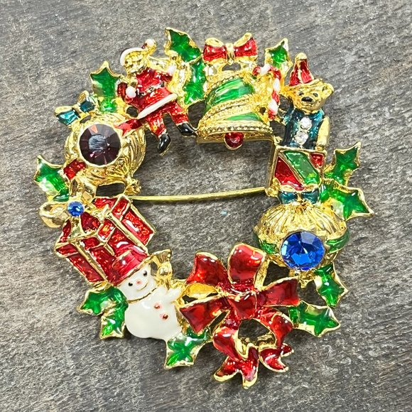 Christopher Radko Signed Christmas Wreath Pin Brooch / Pendant Gold Toned - Picture 10 of 10